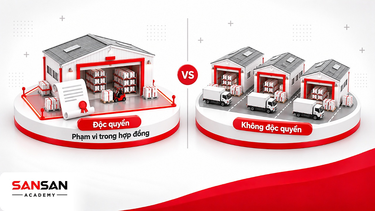 So sánh nhà phân phối độc quyền có vùng riêng viền đỏ với nhà phân phối không độc quyền chia chung địa bàn