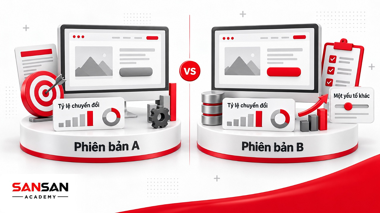 So sánh hai phiên bản Landing Page trong thử nghiệm A/B chỉ khác nút CTA, đo bằng tỷ lệ chuyển đổi