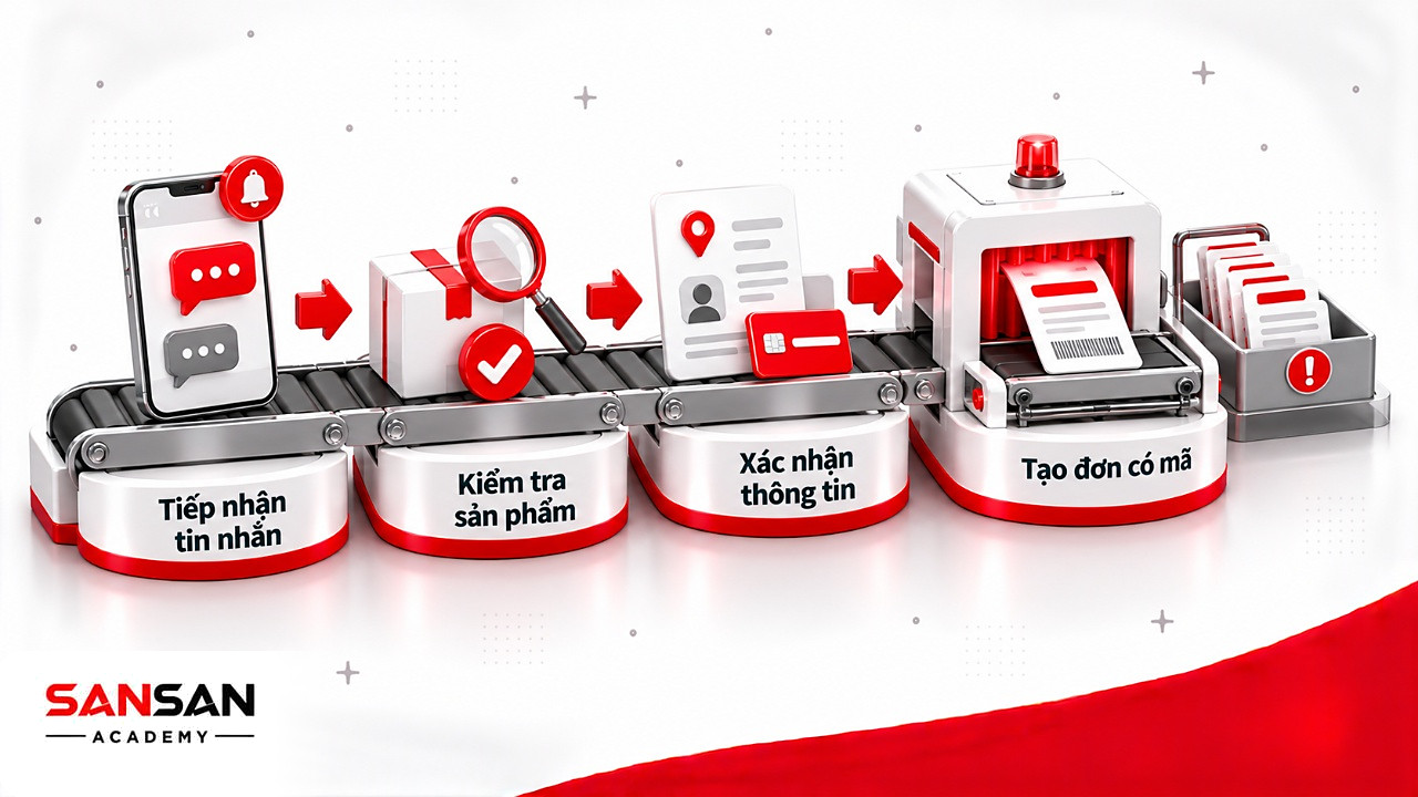 Băng chuyền đưa tin nhắn qua kiểm tra sản phẩm, xác nhận thông tin đến đơn có mã trong Social Commerce