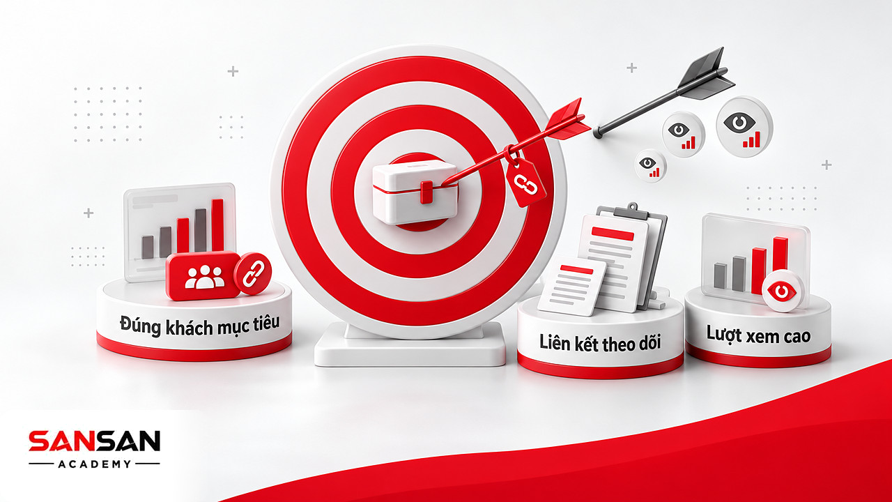 Bia mục tiêu với mũi tên liên kết theo dõi trúng tâm, mũi tên lượt xem cao trượt ra ngoài trong Social Commerce