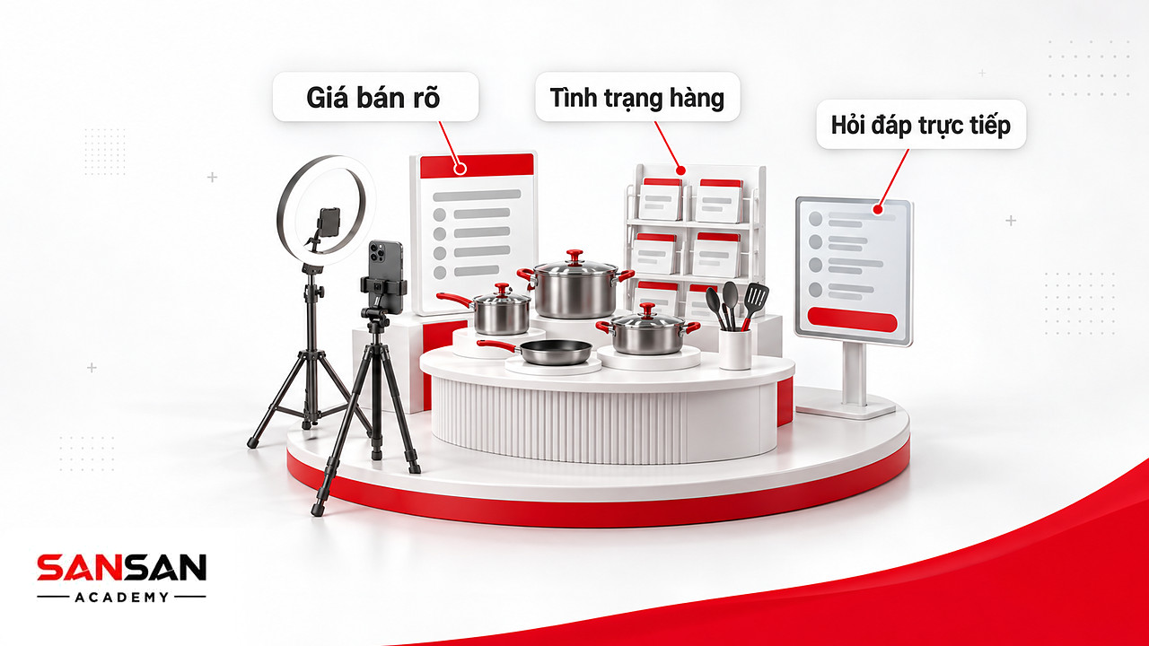 Mô hình phòng livestream với bàn sản phẩm, bảng giá, thẻ tồn hàng và màn hình bình luận trong Social Commerce