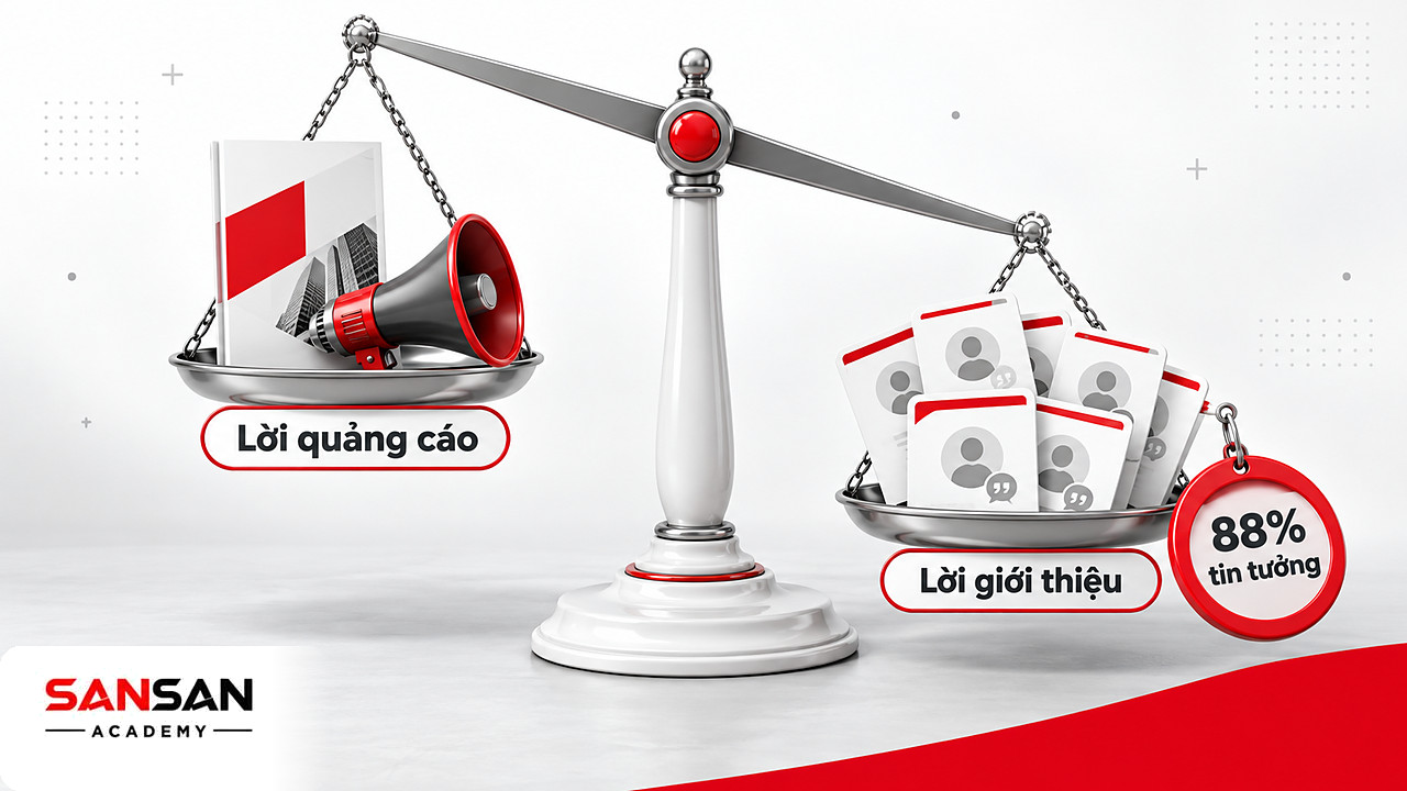 Cán cân social proof nghiêng về lời giới thiệu từ người quen gắn nhãn 88%, bên nhẹ là tờ quảng cáo