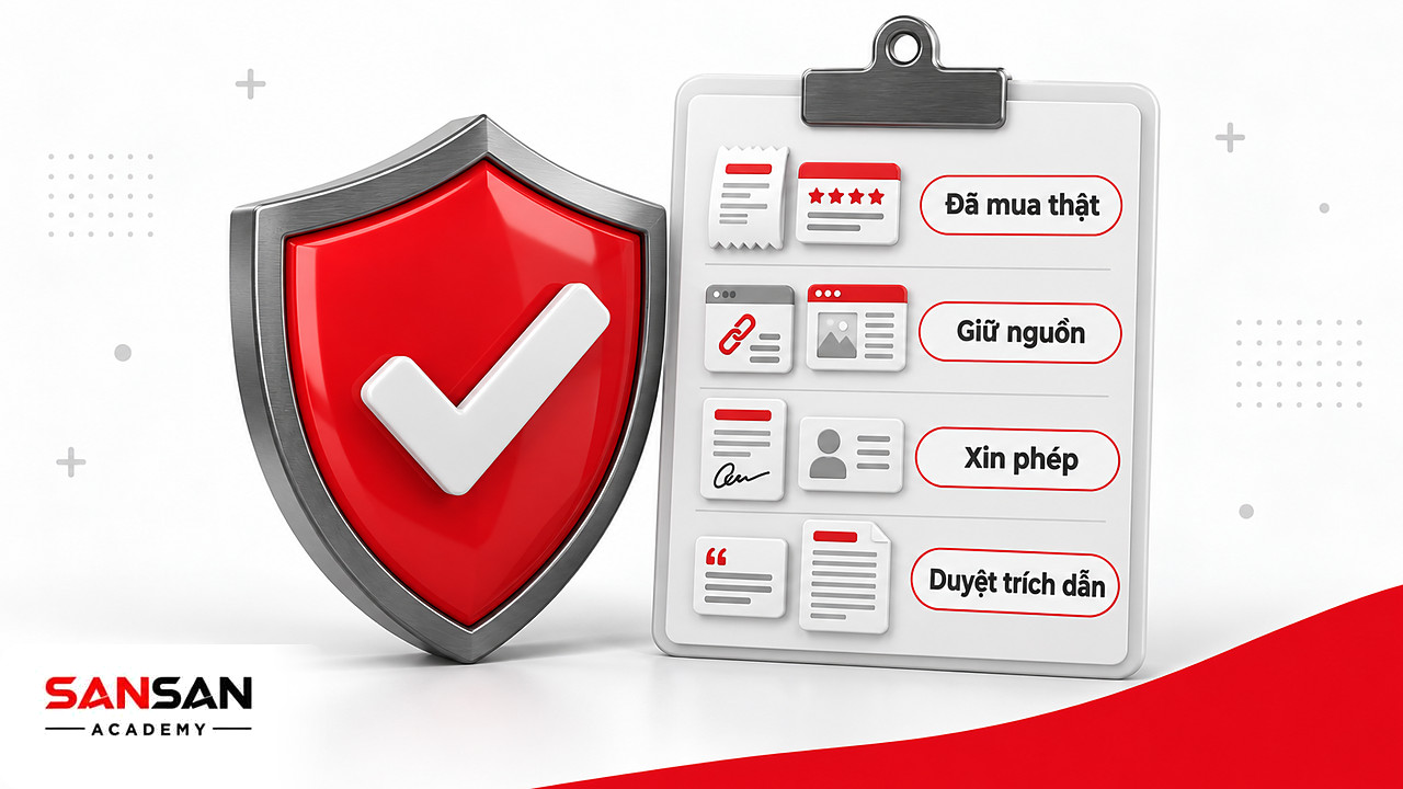 Khiên đỏ cùng danh sách kiểm tra hóa đơn mua, nguồn gốc, đơn đồng ý và bản trích rút gọn trước khi dùng social proof