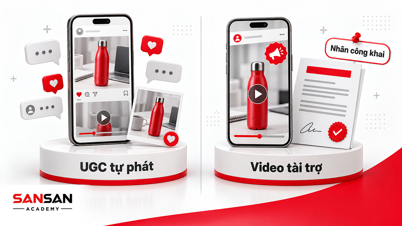 Hai điện thoại so sánh bài UGC tự phát với video tài trợ có nhãn đỏ và hợp đồng hợp tác trong social proof