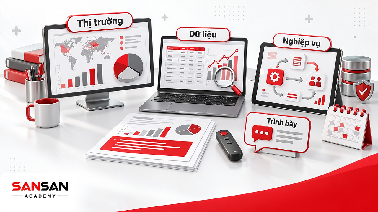 Bàn làm việc minh họa nghiên cứu thị trường, phân tích dữ liệu, nghiệp vụ và trình bày kết quả