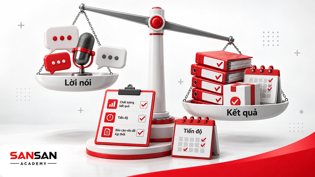 Cán cân nghiêng về hồ sơ hoàn thành và mốc đúng hạn, bên kia là bong bóng thoại rỗng và micro