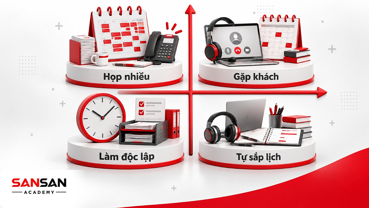 Ma trận 2×2 theo mức giao tiếp và quyền tự sắp lịch giúp người sống nội tâm cân nhắc môi trường làm việc