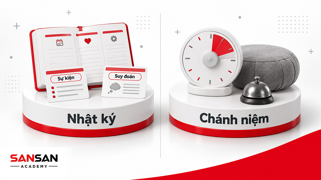 Cuốn nhật ký chia cột sự kiện, cảm xúc, phản ứng cạnh đồng hồ hơi thở và đệm ngồi chánh niệm