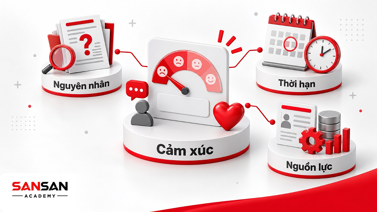 Thẻ gọi tên cảm xúc ở giữa nối tới yêu cầu chưa rõ, khay việc quá tải và lịch thời hạn trong công việc