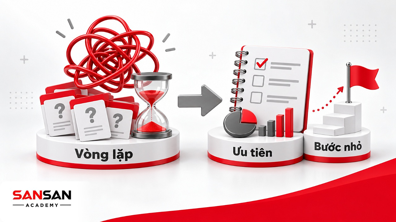 Trước và sau, nút rối suy nghĩ cạnh đồng hồ cát đứng yên rồi trang ghi ưu tiên và một bước nhỏ có cờ đỏ