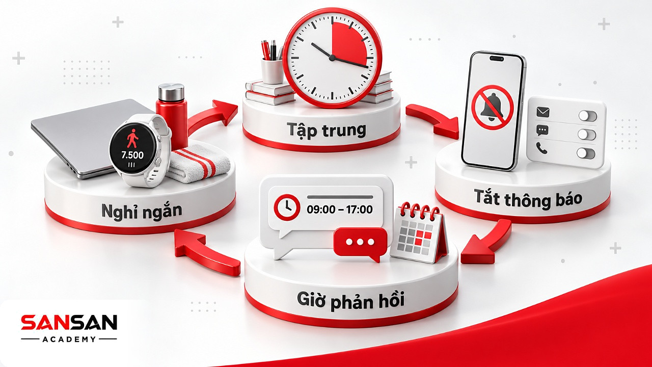 Vòng chu trình giờ tập trung, tắt thông báo, giờ phản hồi và nghỉ ngắn trong lịch của người sống nội tâm