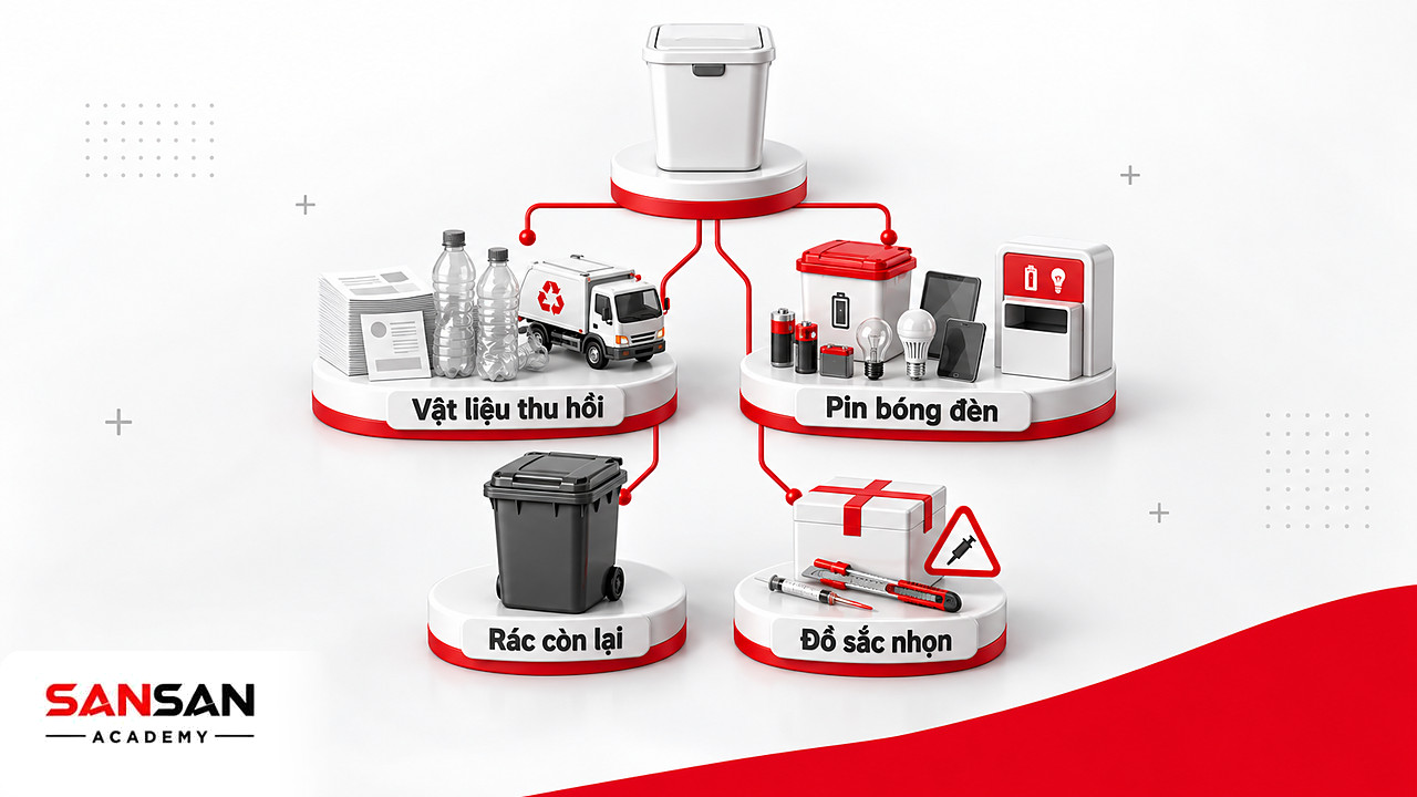 Cây phân loại rác: vật liệu thu hồi, pin bóng đèn, rác còn lại, đồ sắc nhọn đi đúng nơi nhận khi sống xanh