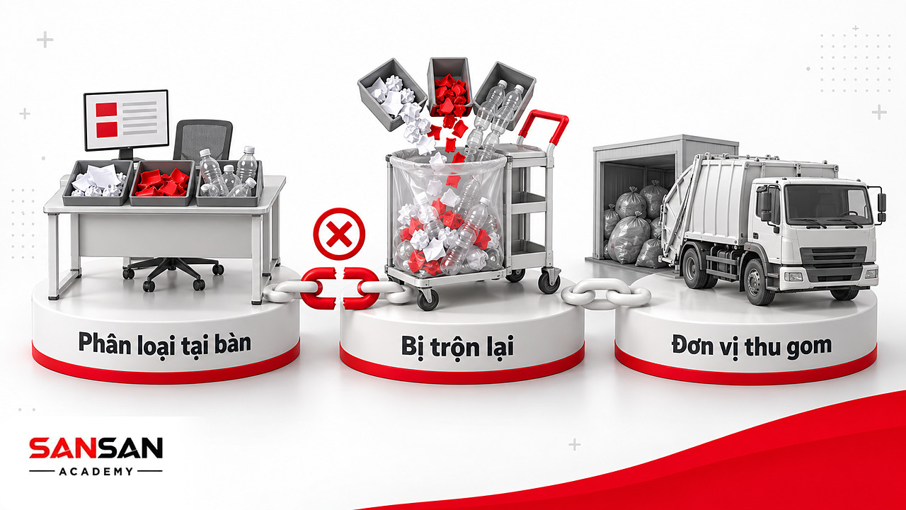 Chuỗi đứt gãy khi rác đã phân loại tại bàn bị trộn lại trước khi thu gom, bài học sống xanh nơi làm việc