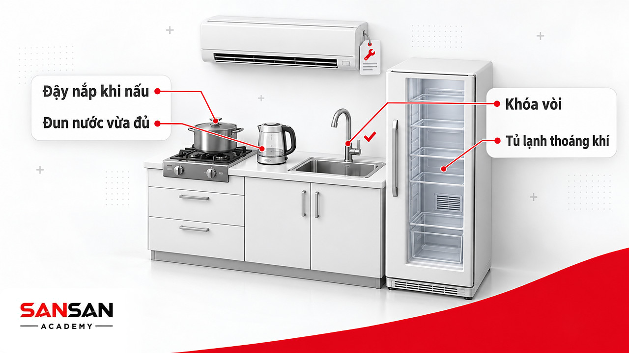 Góc bếp thu nhỏ với nồi đậy nắp, ấm đun vừa đủ, vòi khóa và tủ lạnh thoáng khí khi sống xanh