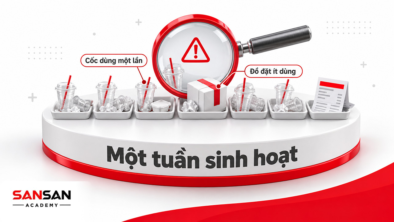 Kính lúp soi khay đồ bỏ đi trong một tuần để tìm thói quen lãng phí trước khi bắt đầu sống xanh