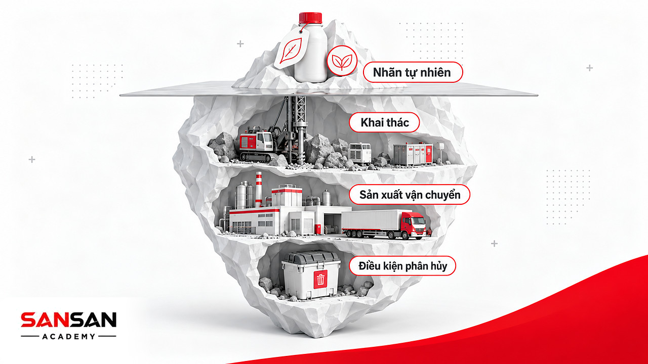 Tảng băng chìm: nhãn tự nhiên nổi trên, khai thác, sản xuất và xử lý chìm dưới, sai lầm khi sống xanh