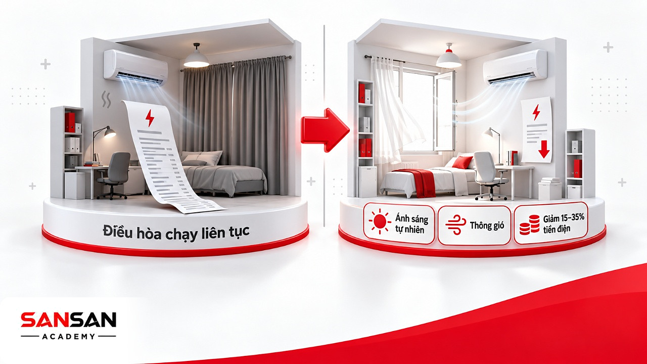 Trước và sau khi đổi cách dùng điều hòa, tận dụng ánh sáng tự nhiên, giảm 15–35% tiền điện nhờ sống xanh