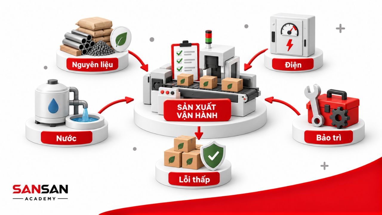 Nguyên liệu, điện, nước và bảo trì trong quy trình sản xuất.