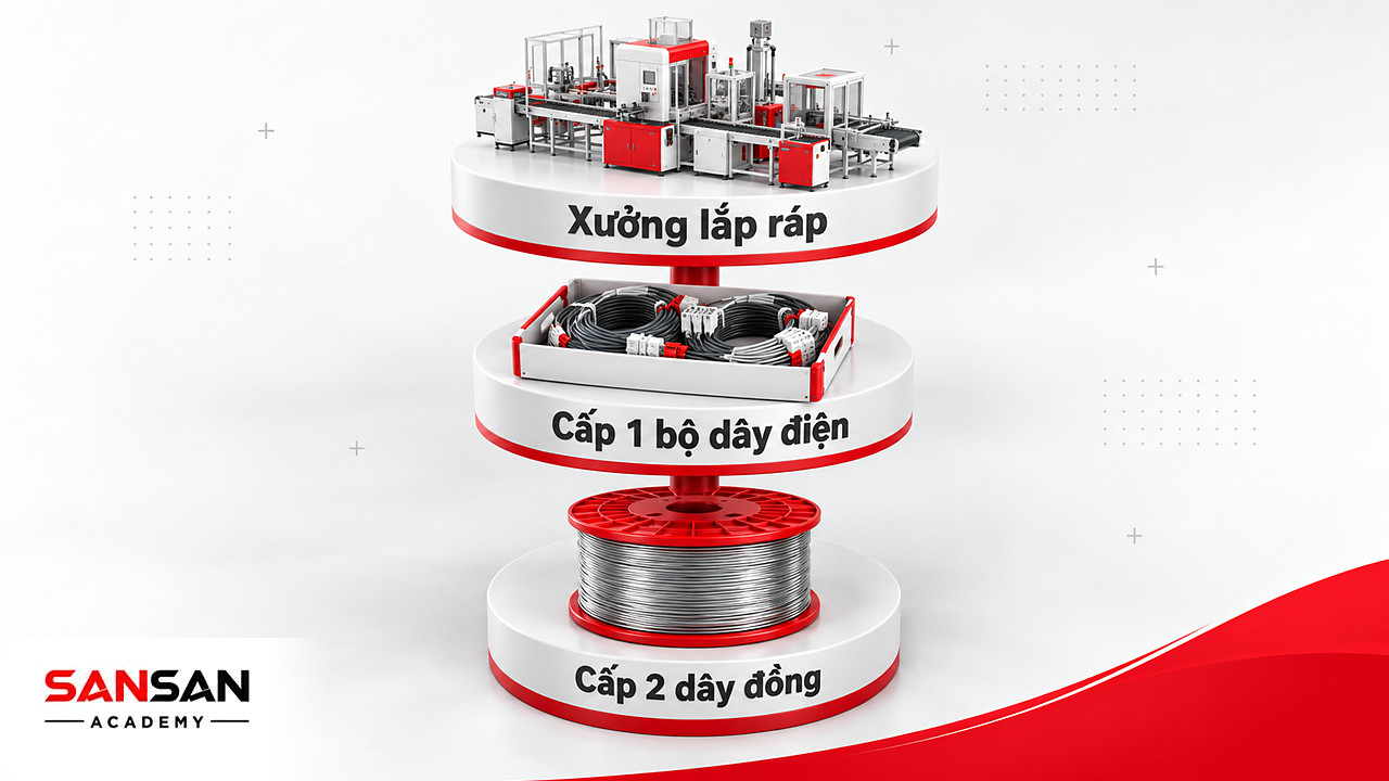 Cây phân nhánh cấp Supplier: xưởng lắp ráp mua bộ dây điện từ cấp 1, cấp 1 mua dây đồng từ cấp 2