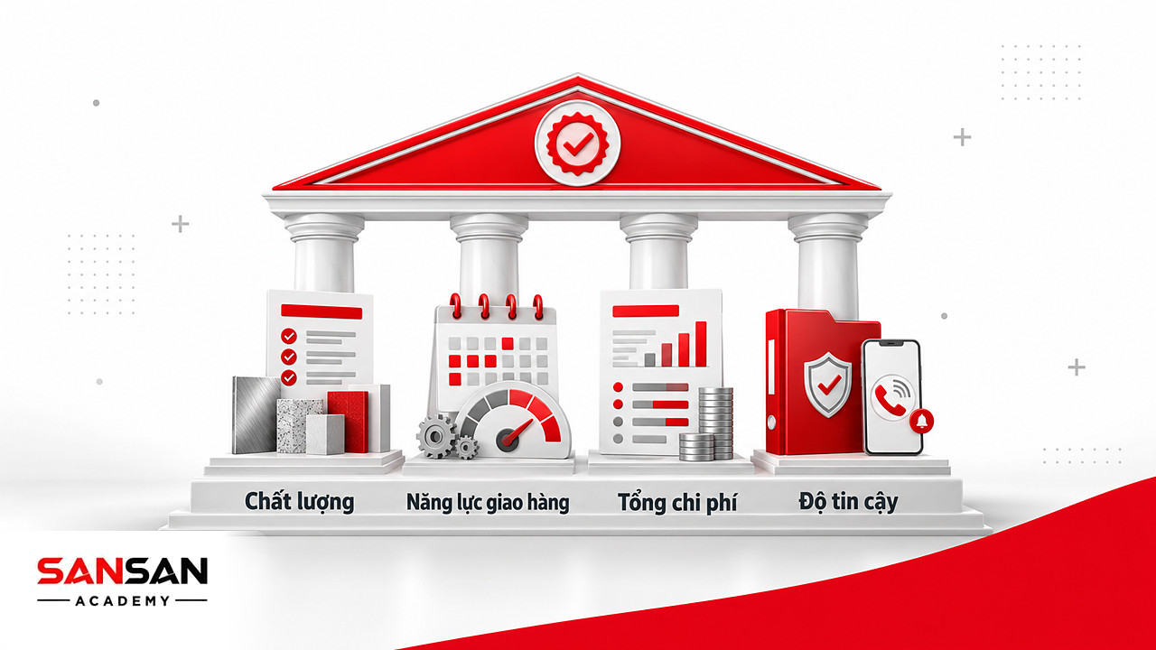 Ngôi đền bốn tiêu chí chọn Supplier: chất lượng, năng lực giao hàng, tổng chi phí và độ tin cậy