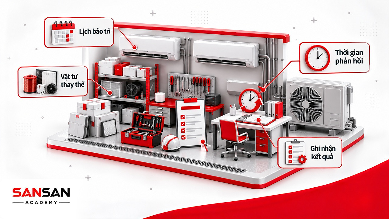 Nhà máy thuê Supplier dịch vụ bảo trì điều hòa với lịch bảo trì, vật tư thay thế và sổ ghi kết quả