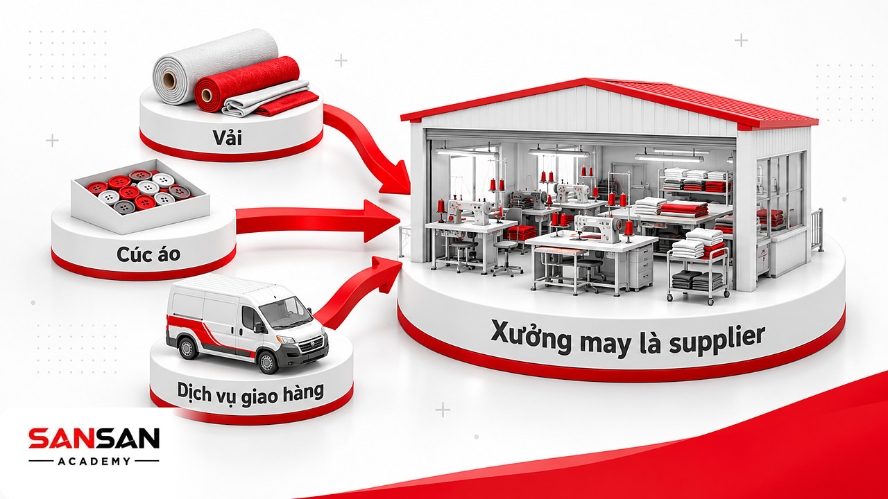 Vải, cúc áo và dịch vụ giao hàng dồn về xưởng may, rồi xưởng may thành Supplier cung cấp quần áo cho thương hiệu