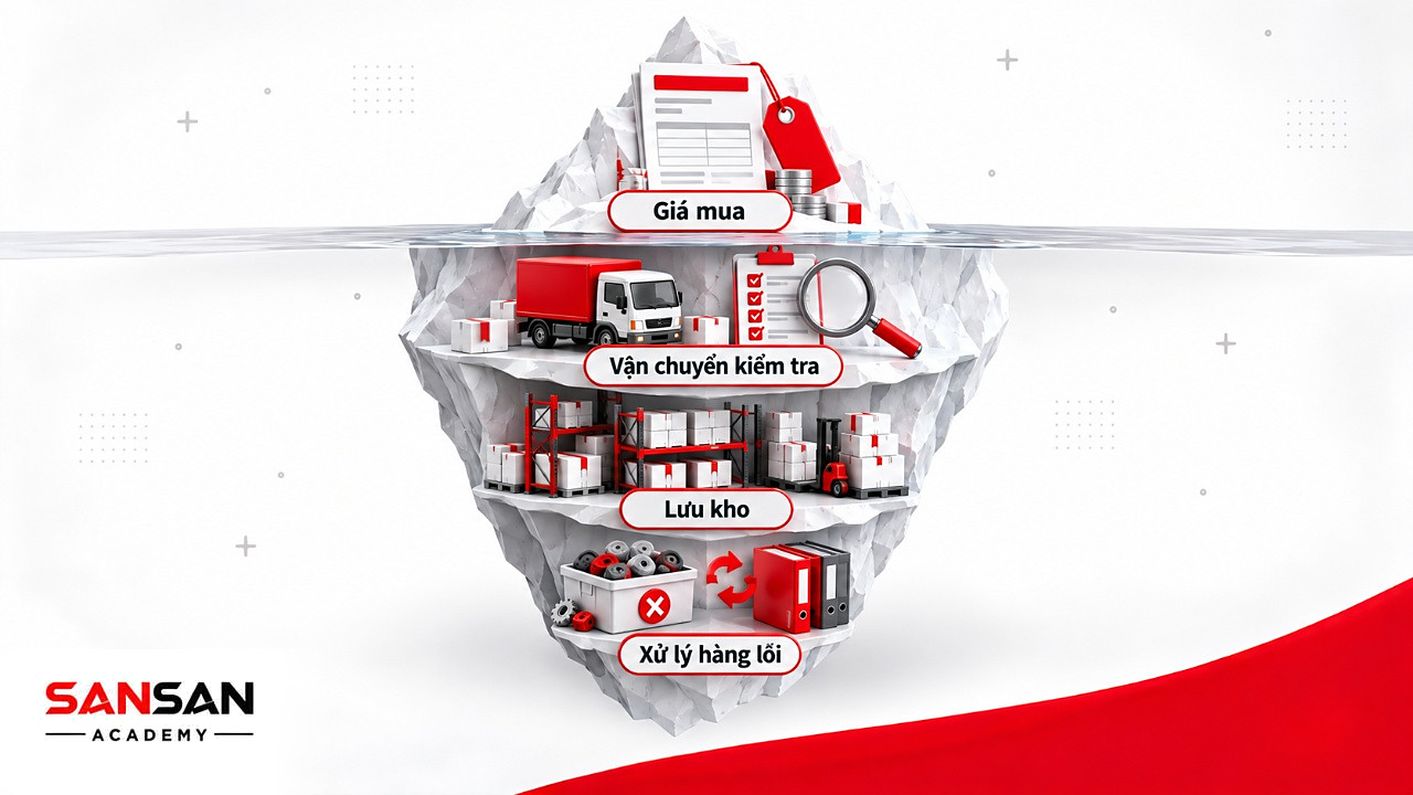 Tảng băng chi phí Supplier: giá mua nổi trên mặt, vận chuyển, kiểm tra, lưu kho và xử lý hàng lỗi chìm bên dưới