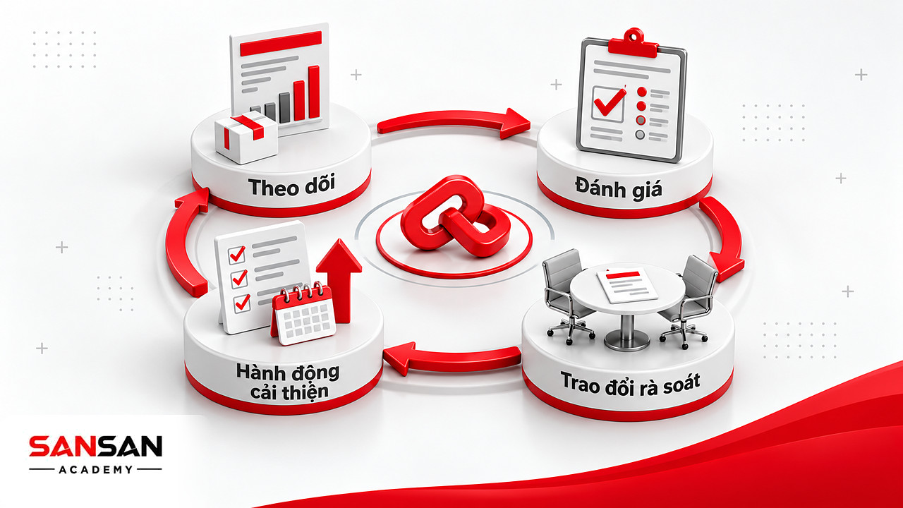 Vòng quản lý quan hệ Supplier: theo dõi giao hàng, đánh giá, trao đổi rà soát và hành động cải thiện