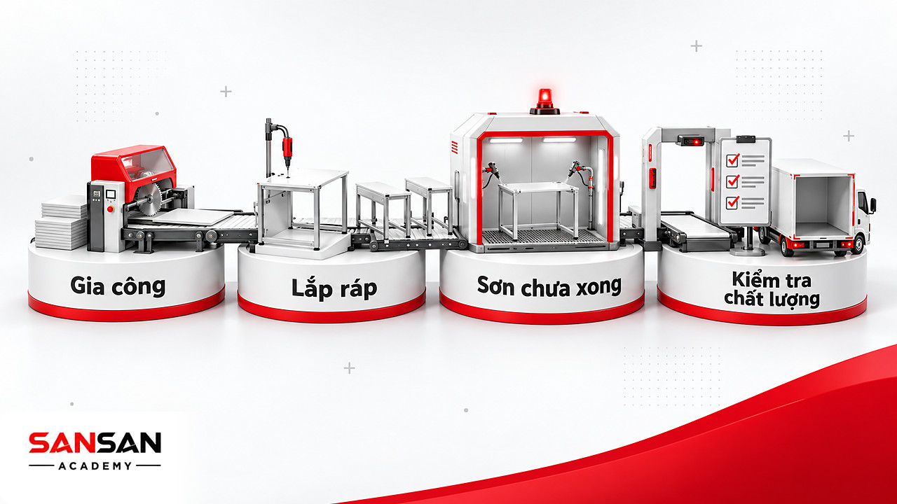 Băng chuyền xưởng bàn dừng ở công đoạn sơn, minh họa nhóm Transform trong Supply Chain Management