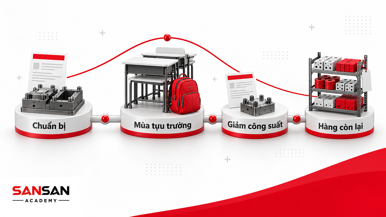 Dòng thời gian mùa tựu trường của xưởng bàn học theo mô hình mùa vụ trong Supply Chain Management