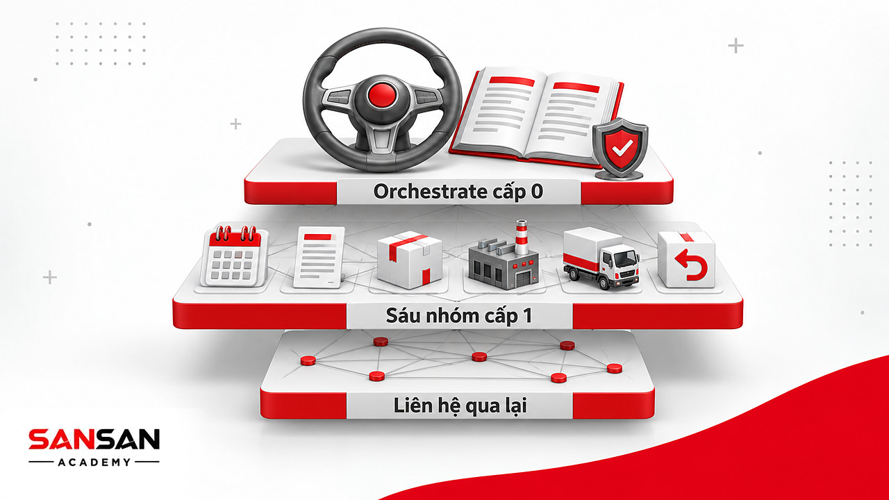 Hai lớp mô hình SCOR: Orchestrate cấp 0 phía trên, sáu nhóm hoạt động cấp 1 của Supply Chain Management bên dưới