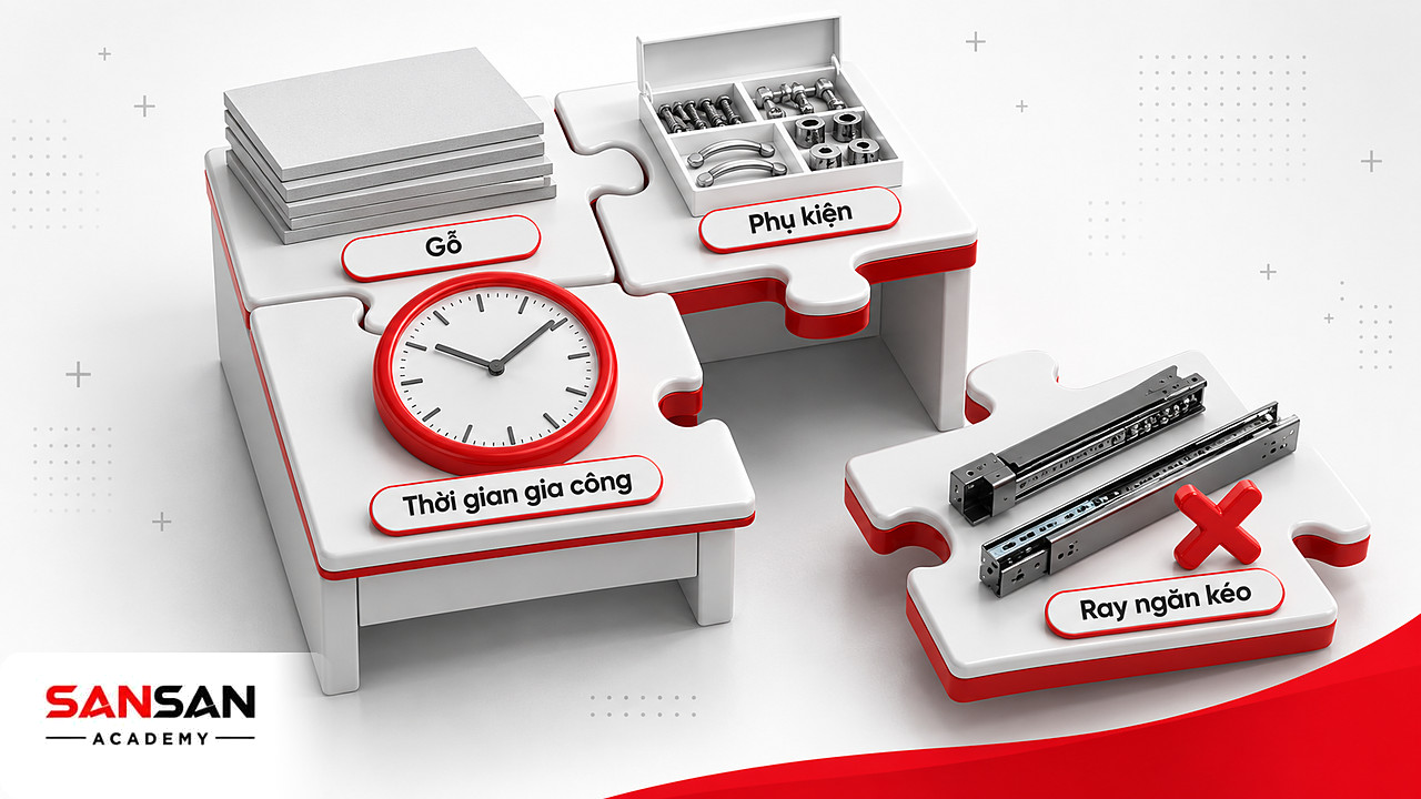 Bộ mảnh ghép bàn học thiếu ray ngăn kéo minh họa kiểm tra đủ bộ trong Supply Chain Management