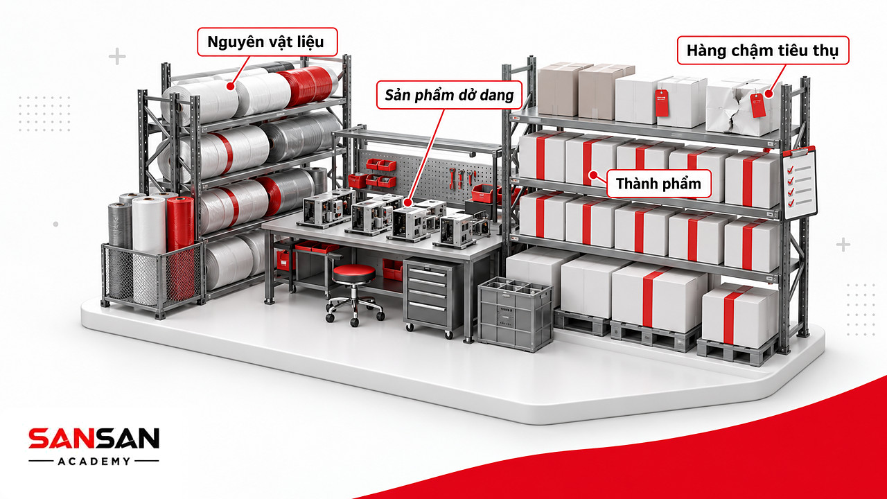 Góc kho thu nhỏ với nguyên vật liệu, sản phẩm dở dang và thành phẩm thuộc tài sản ngắn hạn