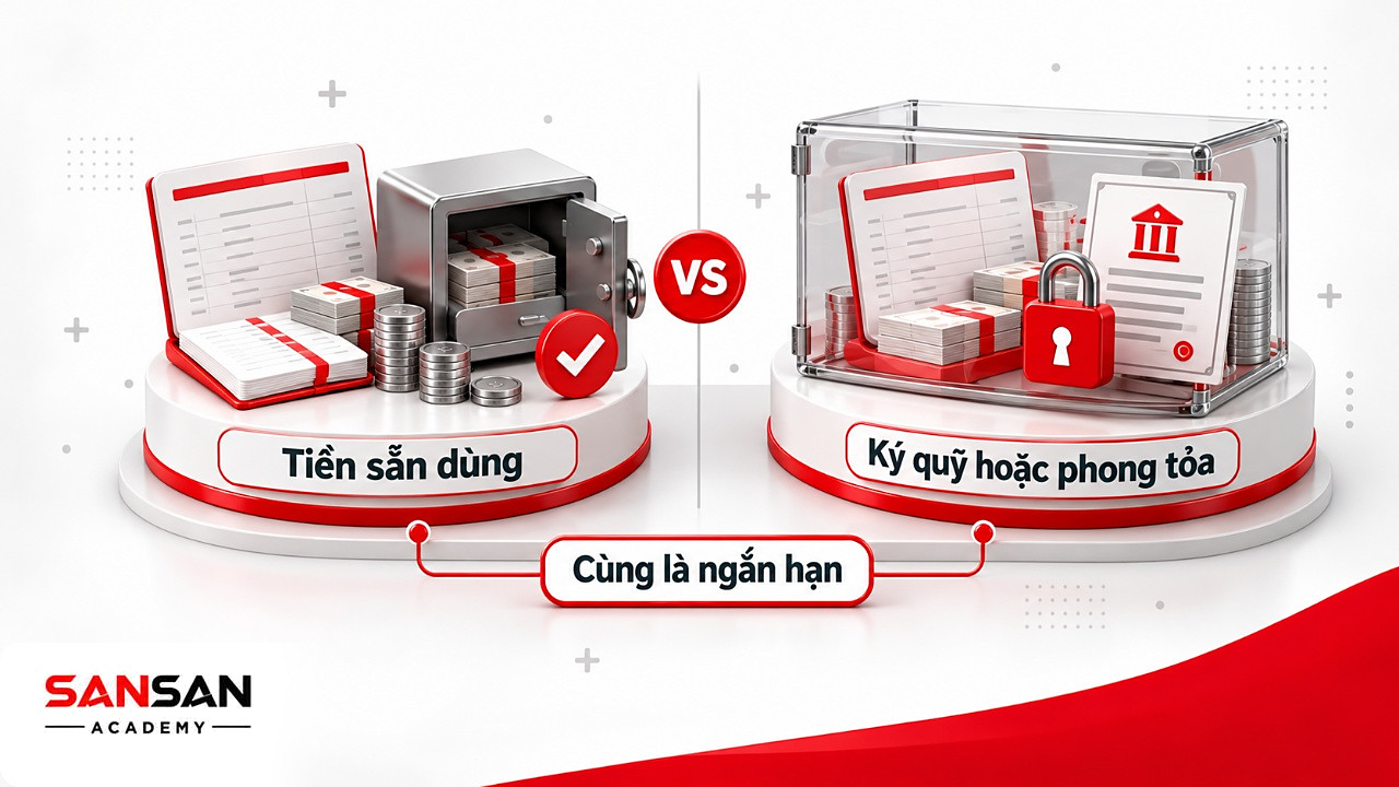 So sánh tiền sẵn dùng với tiền ký quỹ bị phong tỏa trong nhóm tài sản ngắn hạn