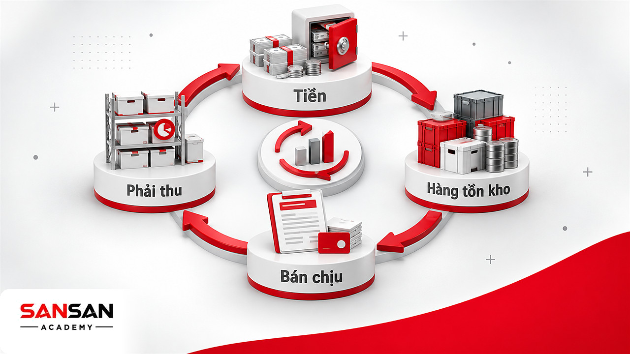 Vòng tròn tiền, hàng tồn kho, bán chịu và phải thu cho thấy tài sản ngắn hạn luân chuyển trong vận hành