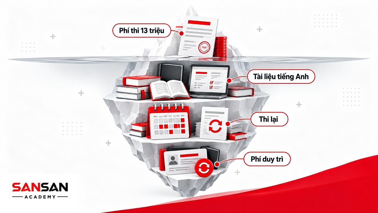 Tảng băng chìm chi phí chứng chỉ nhân sự với phí thi ở phần nổi, tài liệu, giờ học, thi lại và phí duy trì bên dưới