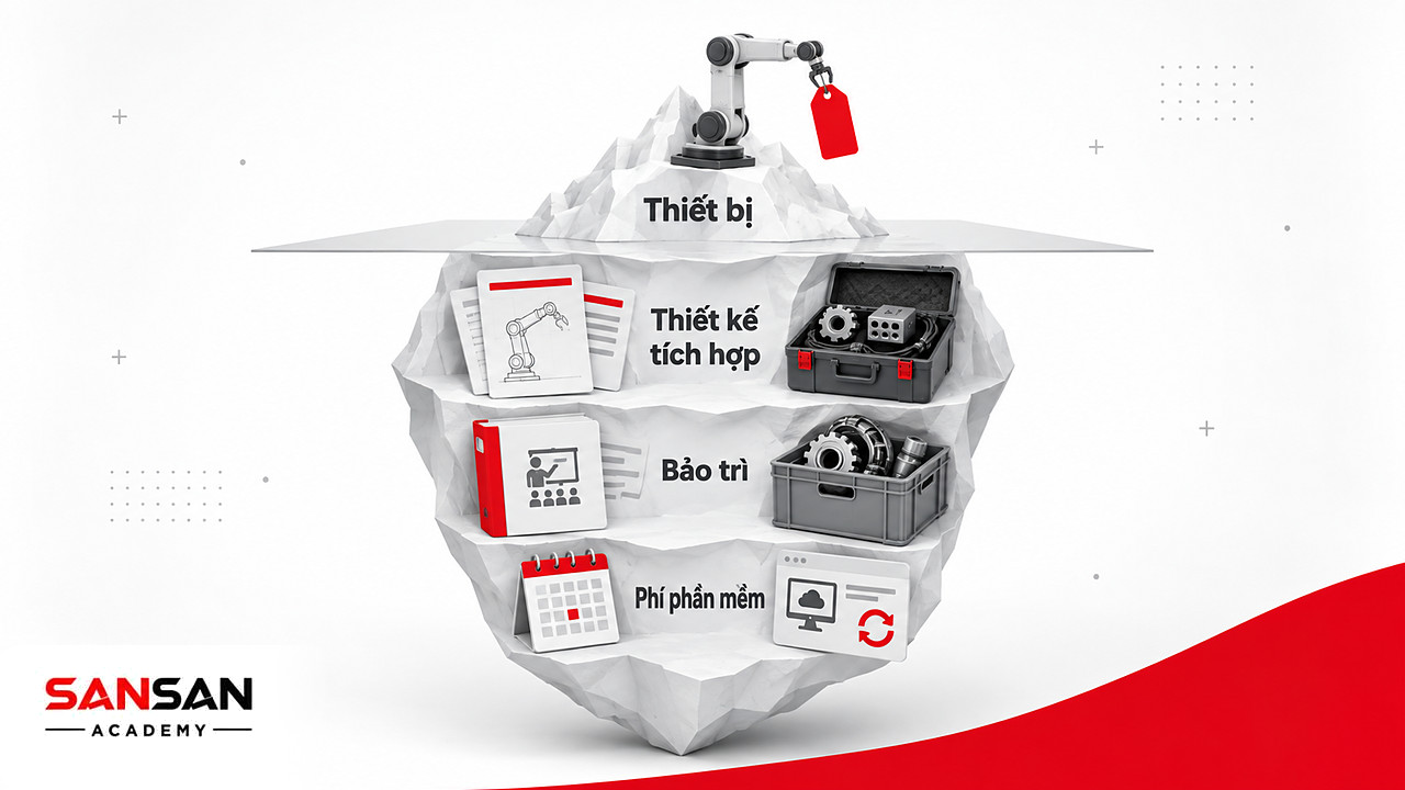 Tảng băng chìm chi phí tự động hóa với thiết bị ở phần nổi, thiết kế, đào tạo, bảo trì và phí phần mềm bên dưới