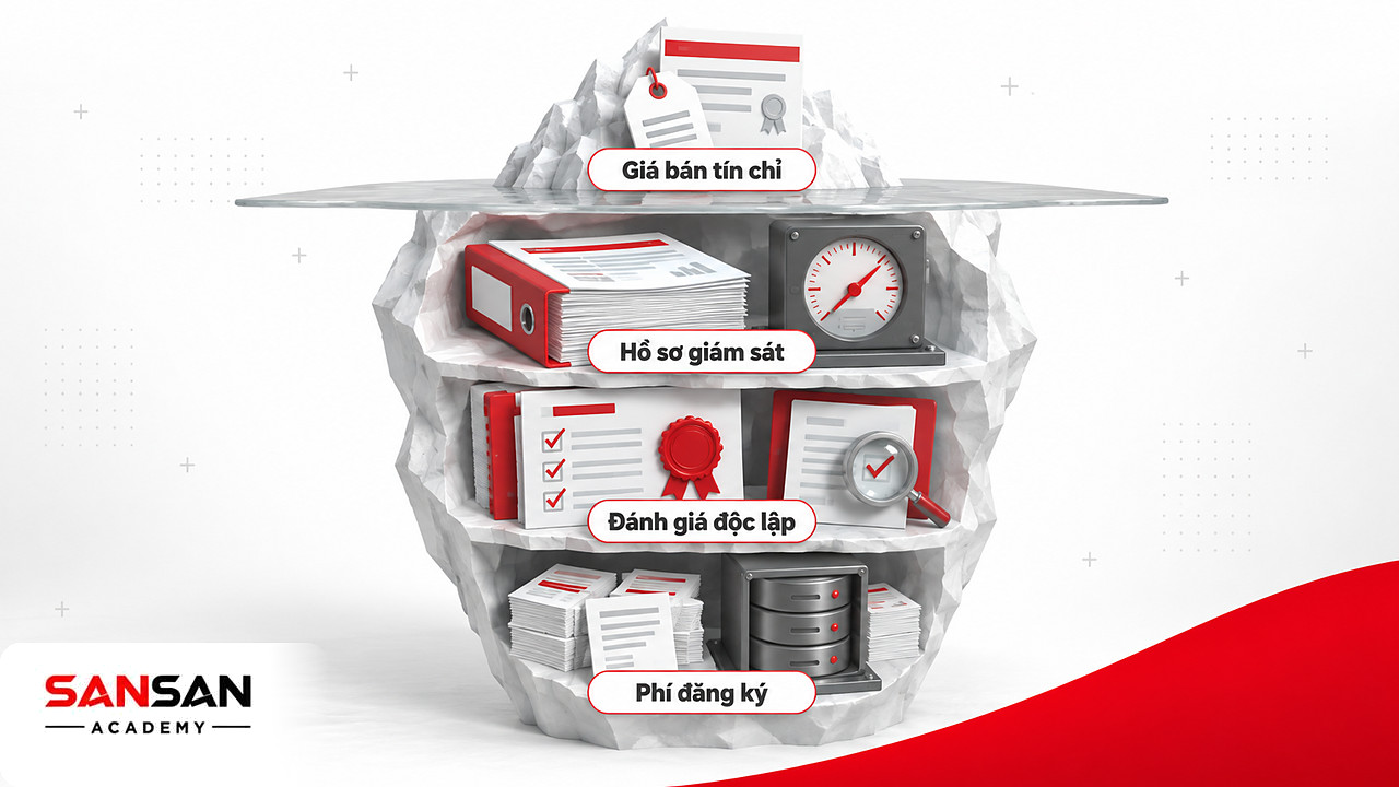 Tảng băng với giá bán nổi trên mặt, chi phí hồ sơ, đánh giá và phí đăng ký tín chỉ carbon chìm bên dưới