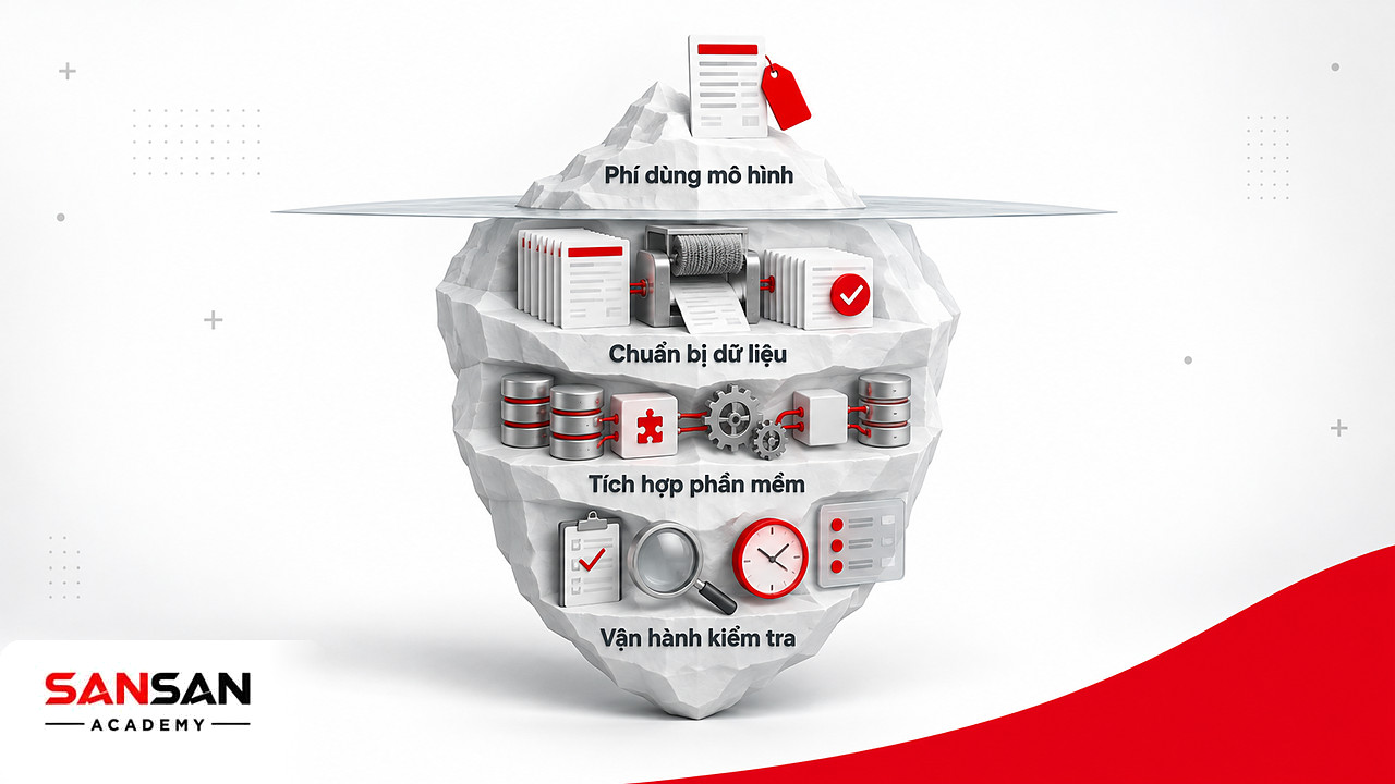 Tảng băng chi phí AI: phí dùng mô hình nổi trên mặt, dữ liệu, tích hợp và vận hành nằm bên dưới