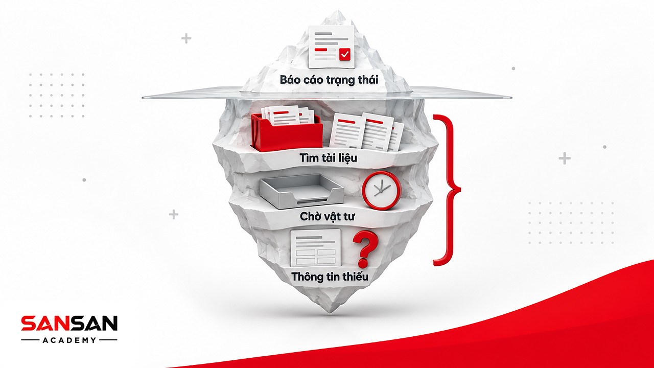 Tảng băng chìm Gemba: báo cáo trạng thái nổi bên trên, tìm tài liệu, chờ vật tư, thông tin thiếu ẩn dưới