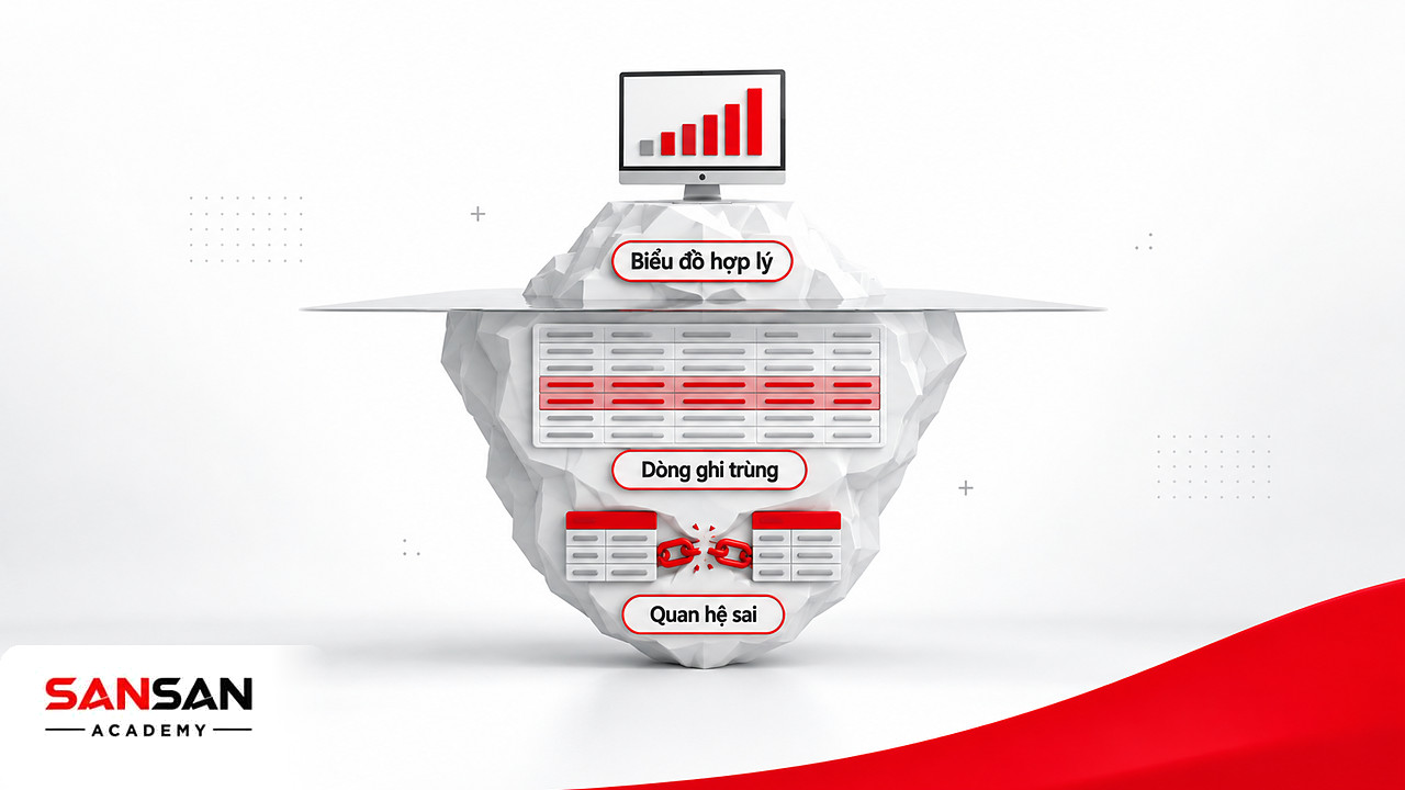 Tảng băng chìm: biểu đồ Power BI trông hợp lý, dòng ghi trùng và quan hệ bảng sai ẩn bên dưới