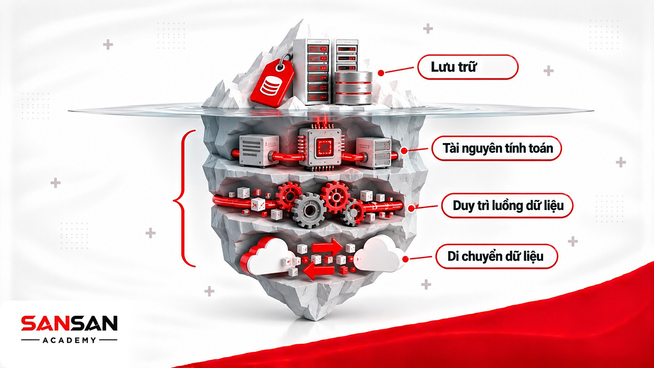 Tảng băng chìm chi phí Data Warehouse: lưu trữ nổi bên trên, tính toán, duy trì luồng và di chuyển dữ liệu ẩn dưới