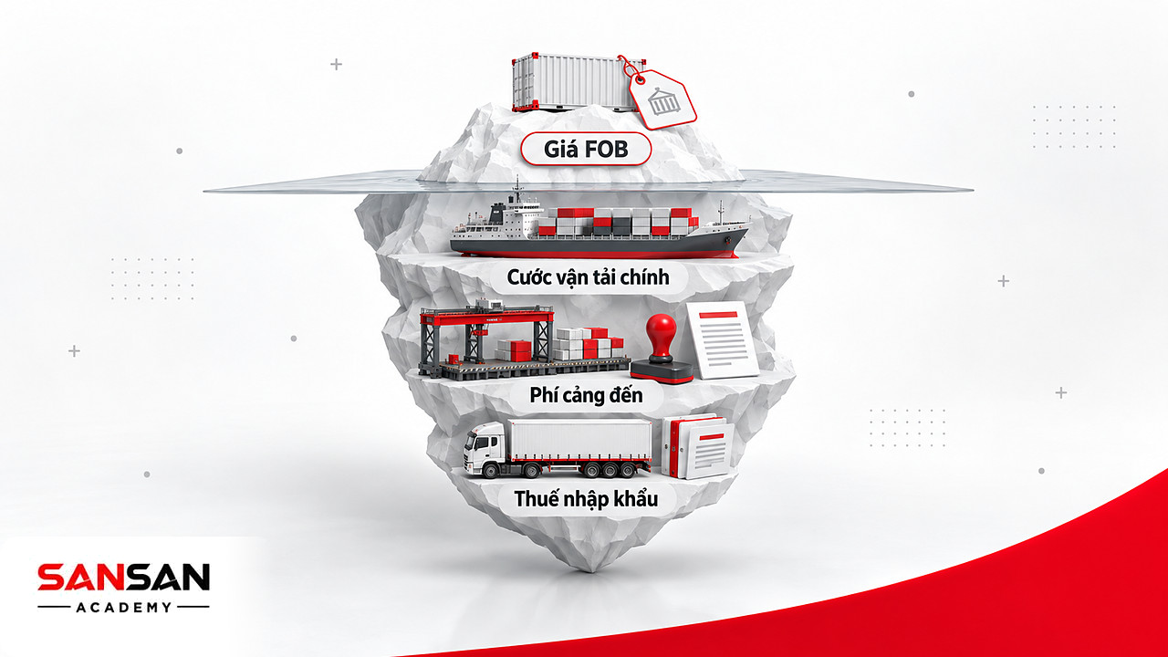 Tảng băng chìm chi phí: giá FOB nổi trên, cước vận tải, phí cảng đến và thuế nhập khẩu ẩn bên dưới