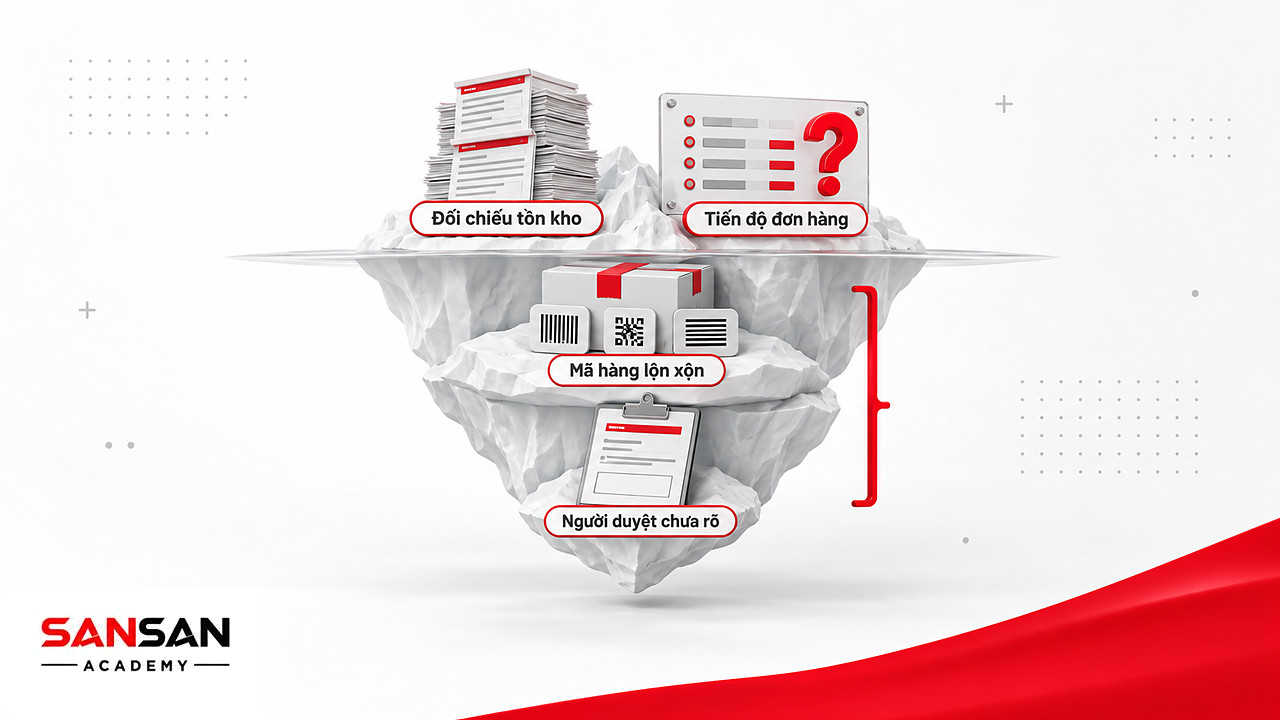 Tảng băng chìm dấu hiệu cần hệ thống ERP: đối chiếu tồn kho, tiến độ đơn hàng nổi trên, mã hàng và người duyệt ẩn dưới