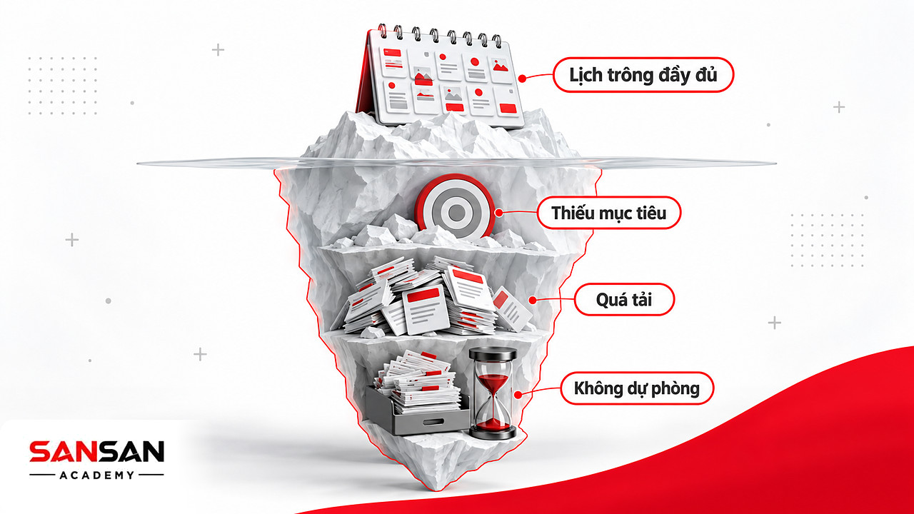 Tảng băng chìm với lịch đầy đủ bên trên, thiếu mục tiêu, quá tải và không dự phòng ẩn dưới Content Calendar