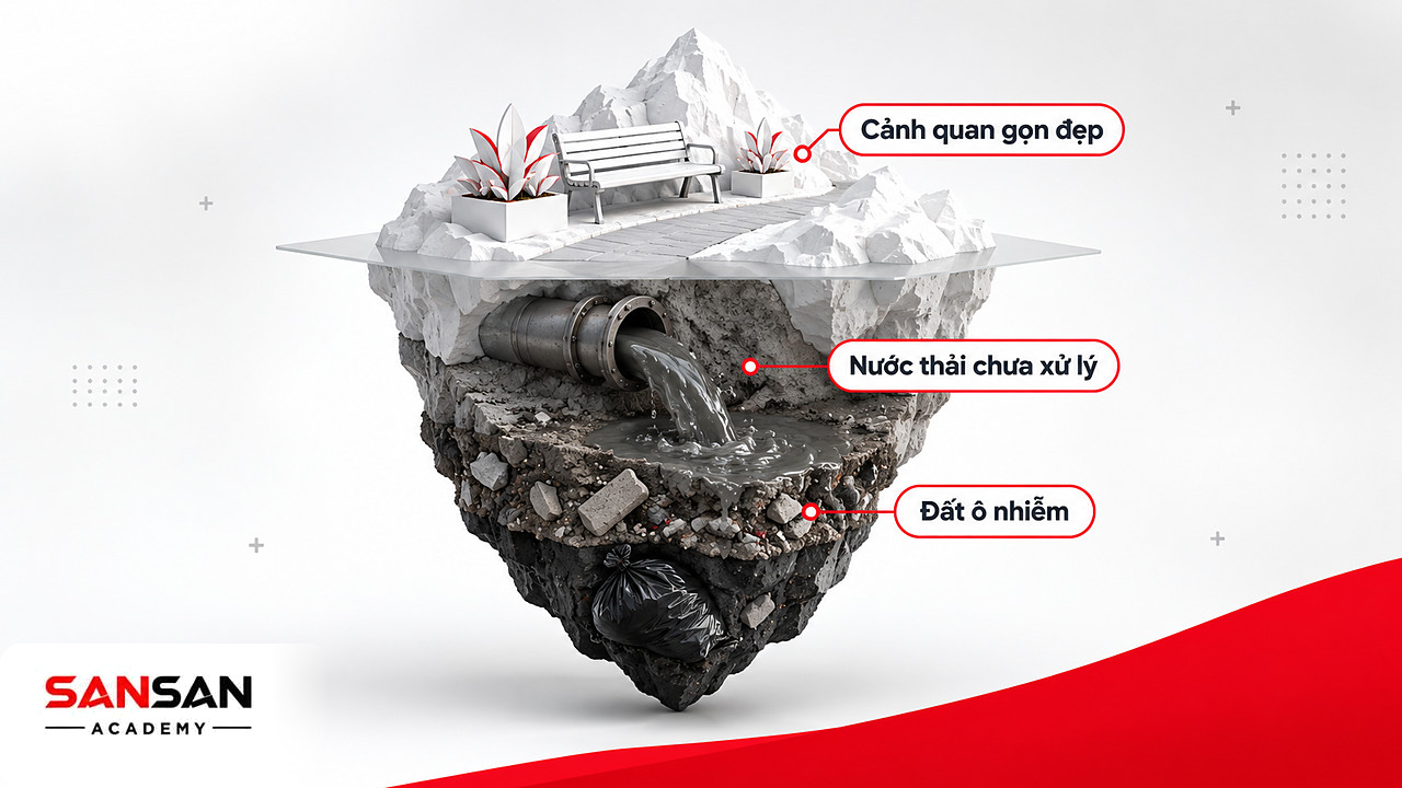 Tảng băng chìm với cảnh quan gọn đẹp nổi trên mặt, nước thải và đất ô nhiễm ẩn bên dưới môi trường xanh