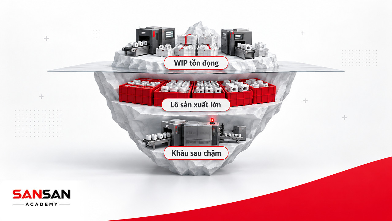 Tảng băng chìm WIP trong Lean Manufacturing: hàng tồn nổi trên, lô lớn và khâu sau chậm ẩn bên dưới