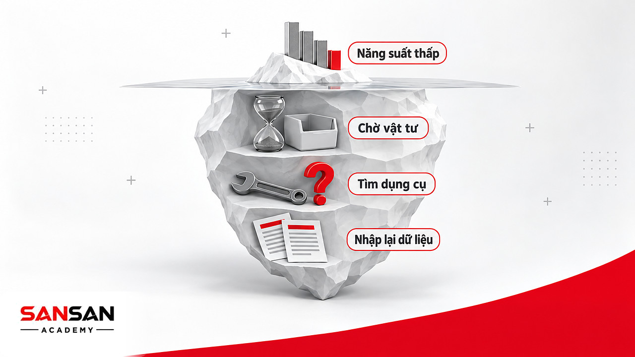 Tảng băng lãng phí Kaizen: năng suất thấp nổi trên mặt, chờ vật tư, tìm dụng cụ, nhập lại dữ liệu chìm bên dưới
