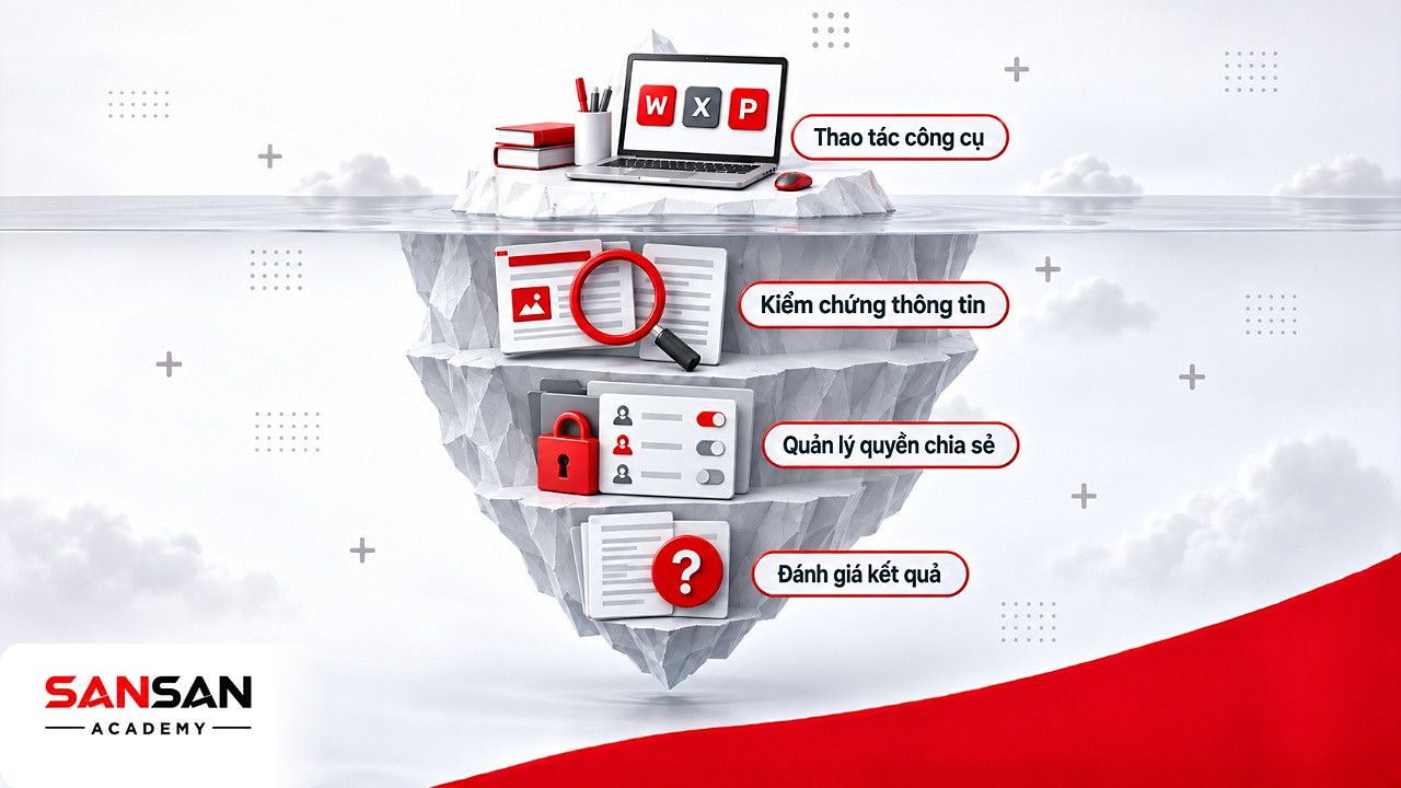 Tảng băng chìm năng lực số: thao tác công cụ ở phần nổi, kiểm chứng thông tin và quyền chia sẻ ở phần chìm