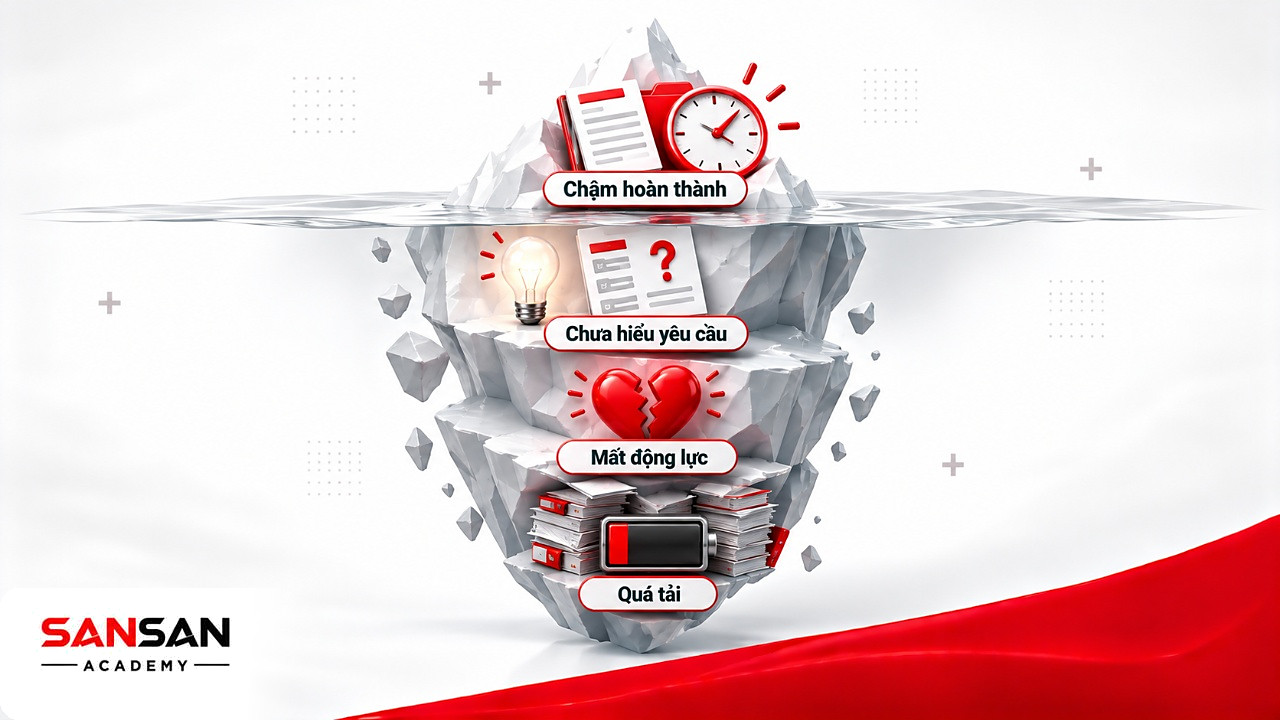 Tảng băng mô hình 4H: chậm hoàn thành nổi trên mặt, nguyên nhân Head, Heart, Health chìm bên dưới